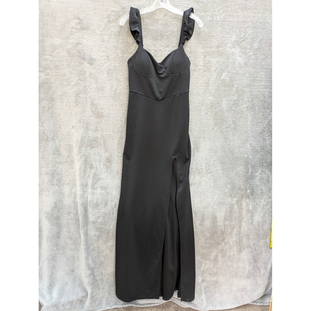 Goth Prom Dress Juniors 7 Black Ruffle Lace Up Back Slit Maxi City‎ Triangles